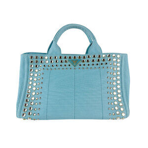 Prada Canapa Canvas Shoulder Bag Metal Beads Blue Silver Gold